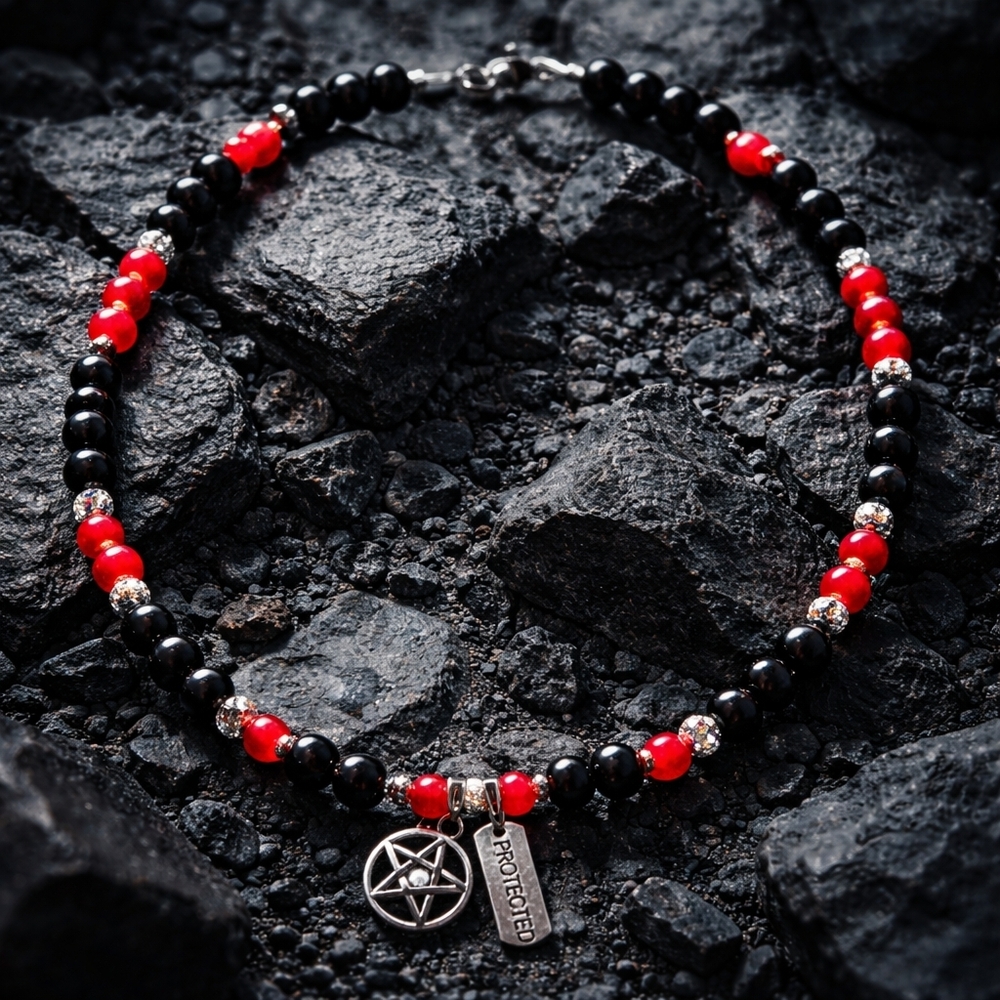 Glass Beads Pentagram Protected 19" Charm Necklace Choker Gothic Witchy